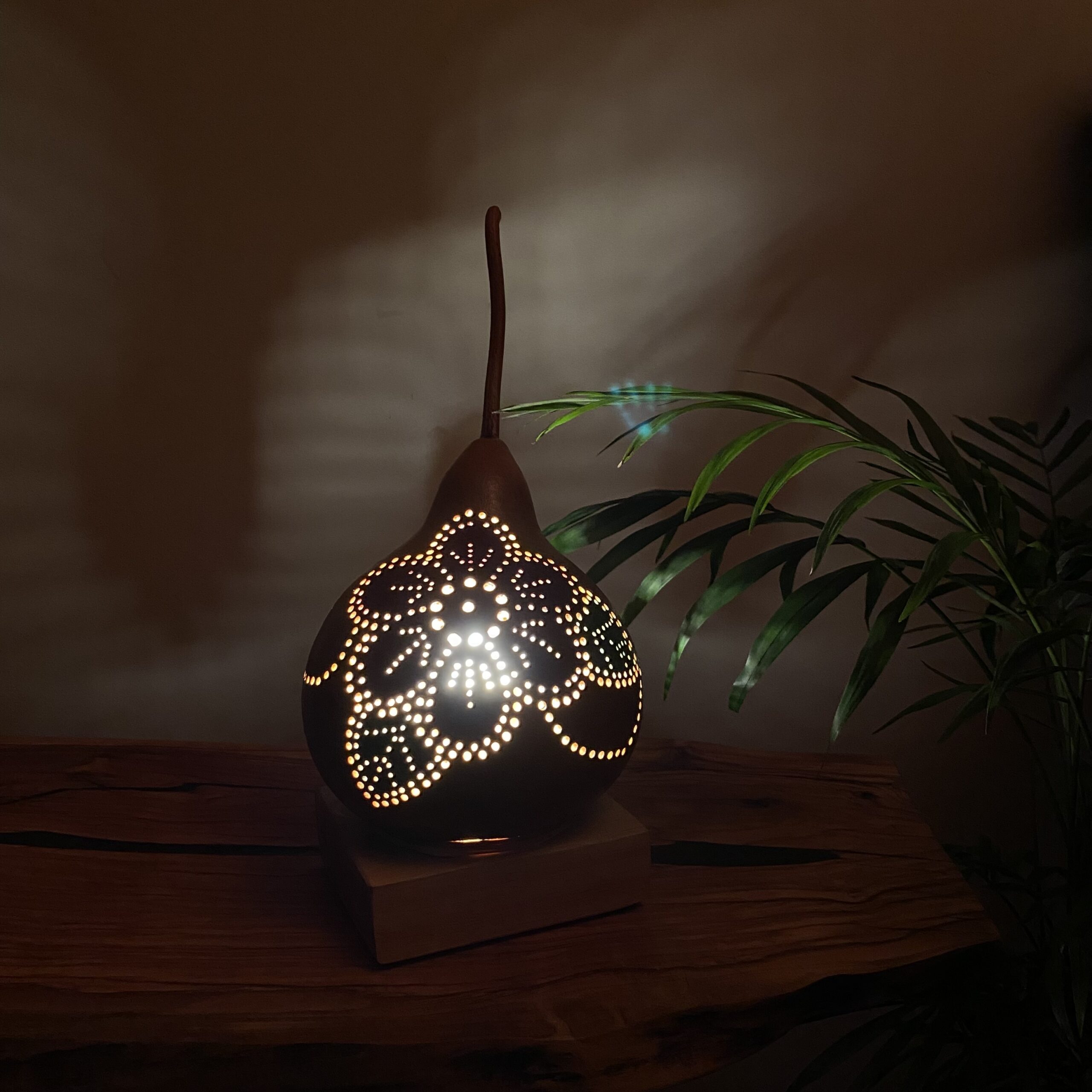 Lampe en calebasse - Collection Épurée - Pièce unique - Création artisanale française - socle en Chêne Massif - H 28 cm – Image 3